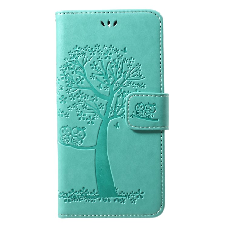 Imprint Tree Owl Wallet Leather Foldable Magnetic Case for Huawei Y5 (2017) / Y6 (2017) - Cyan-1