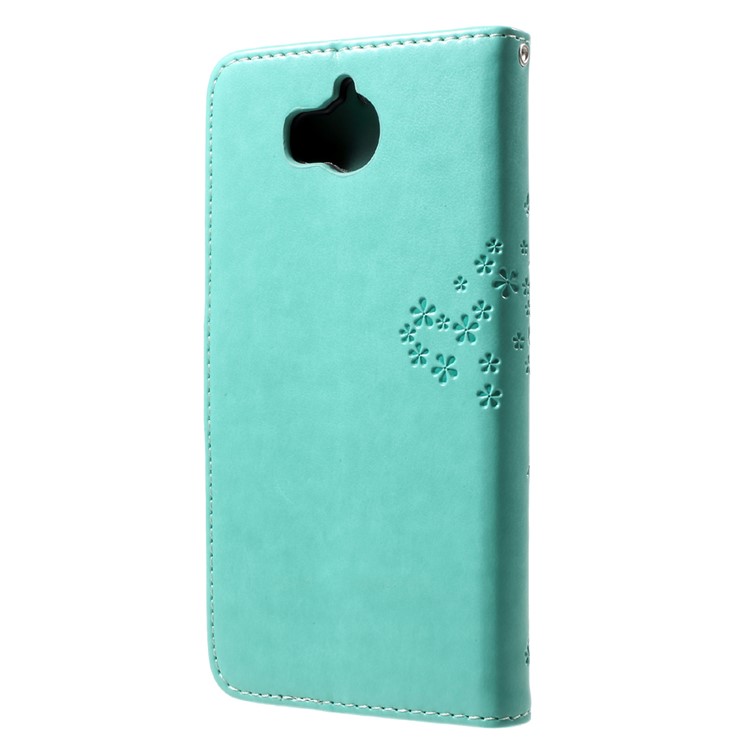 Imprint Tree Owl Wallet Leather Foldable Magnetic Case for Huawei Y5 (2017) / Y6 (2017) - Cyan-2