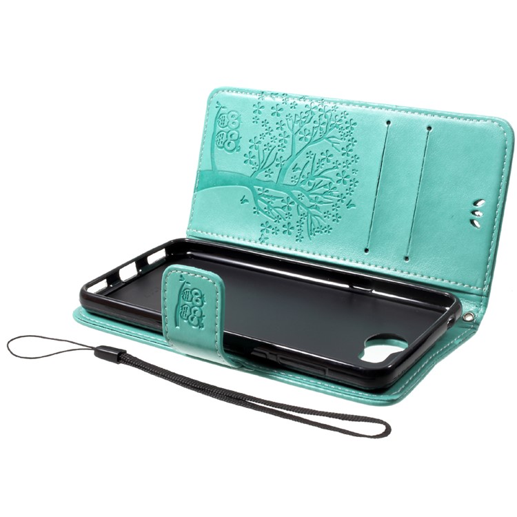 Imprint Tree Owl Wallet Leather Foldable Magnetic Case for Huawei Y5 (2017) / Y6 (2017) - Cyan-5