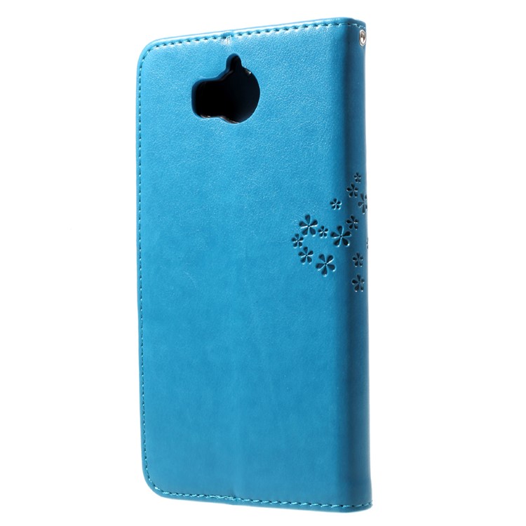 For Huawei Y5 (2017) / Y6 (2017) Imprint Tree Owl Wallet Leather Stand Mobile Casing - Blue-2