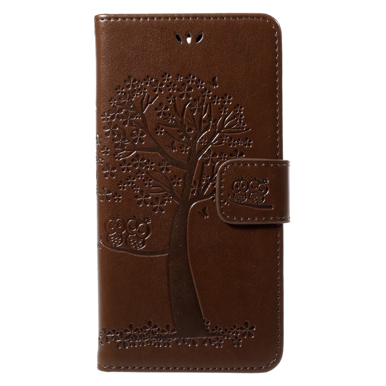 Imprint Tree Owl Magnetic Leather Stand Cell Phone Case with Card Slots for Huawei Y5 (2017) / Y6 (2017) - Brown-1