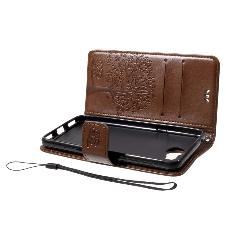 Imprint Tree Owl Magnetic Leather Stand Cell Phone Case with Card Slots for Huawei Y5 (2017) / Y6 (2017) - Brown-5