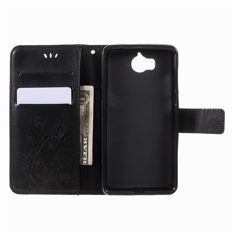 Imprint Butterfly Flower Leather Wallet Case for Huawei Y5 (2017) / Y6 (2017) - Black-6