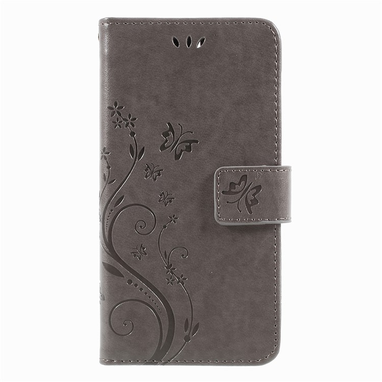 Imprint Butterfly Flower Leather Wallet Cover for Huawei Y5 (2017) / Y6 (2017) - Grey-1