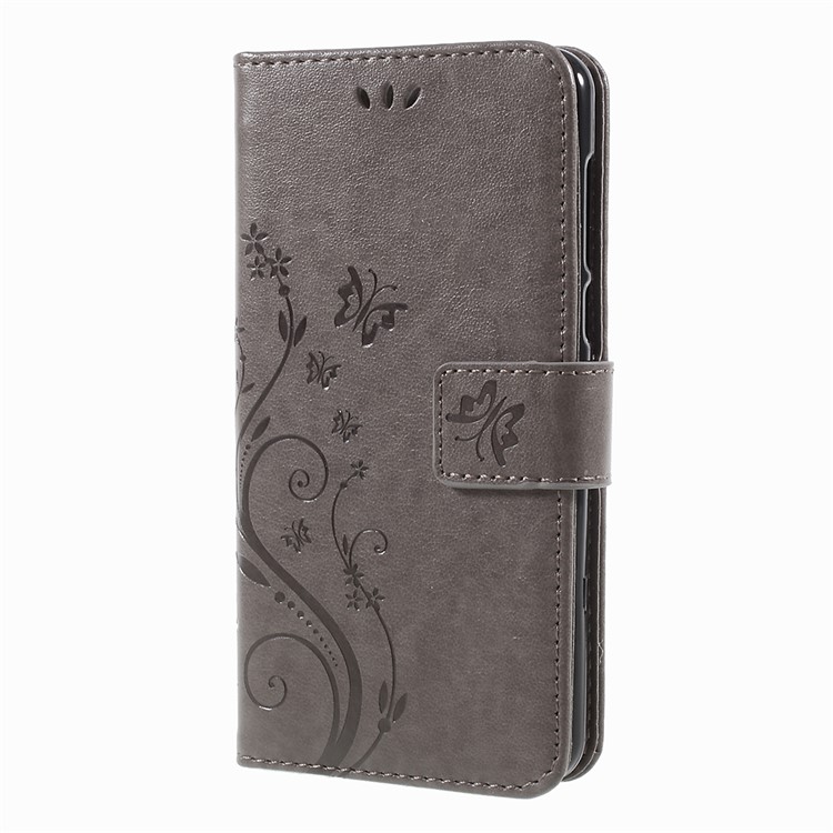Imprint Butterfly Flower Leather Wallet Cover for Huawei Y5 (2017) / Y6 (2017) - Grey-2