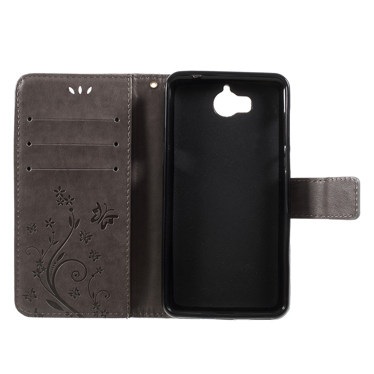 Imprint Butterfly Flower Leather Wallet Cover for Huawei Y5 (2017) / Y6 (2017) - Grey-6