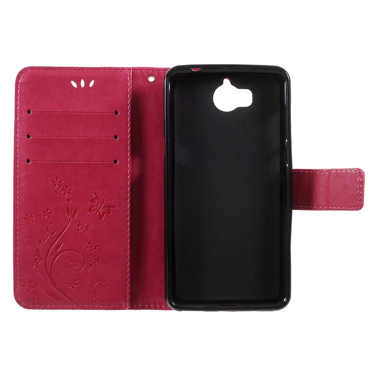 Imprint Butterfly Flower Leather Wallet Casing for Huawei Y5 (2017) / Y6 (2017) - Rose-6