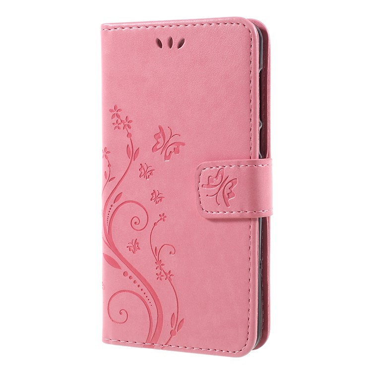 Imprint Butterfly Flower Leather Wallet Shell for Huawei Y5 (2017) / Y6 (2017) - Pink-2