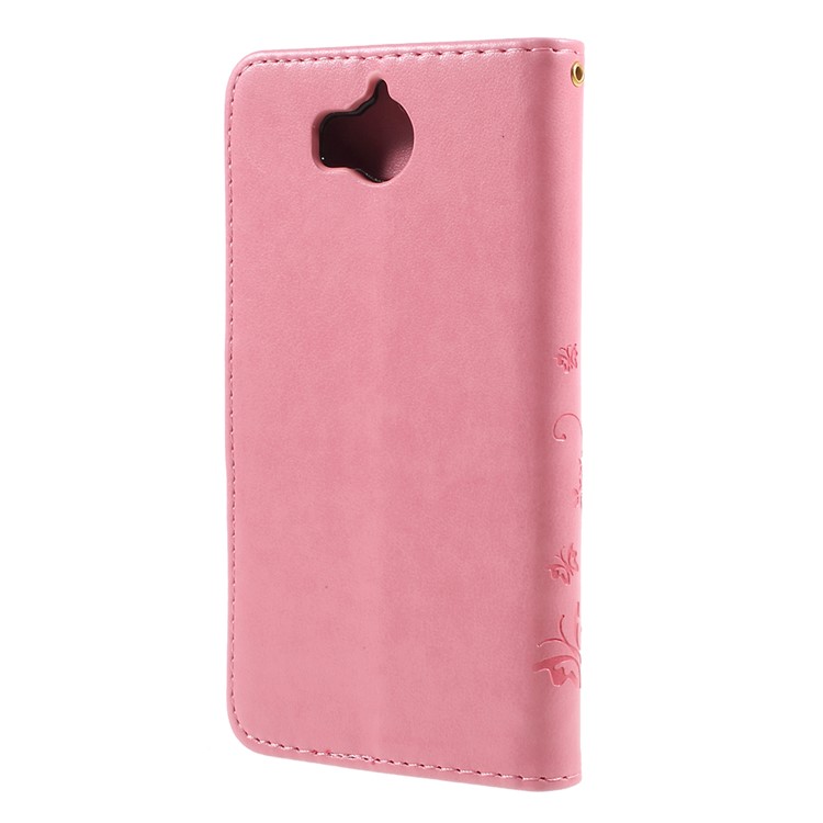 Imprint Butterfly Flower Leather Wallet Shell for Huawei Y5 (2017) / Y6 (2017) - Pink-3