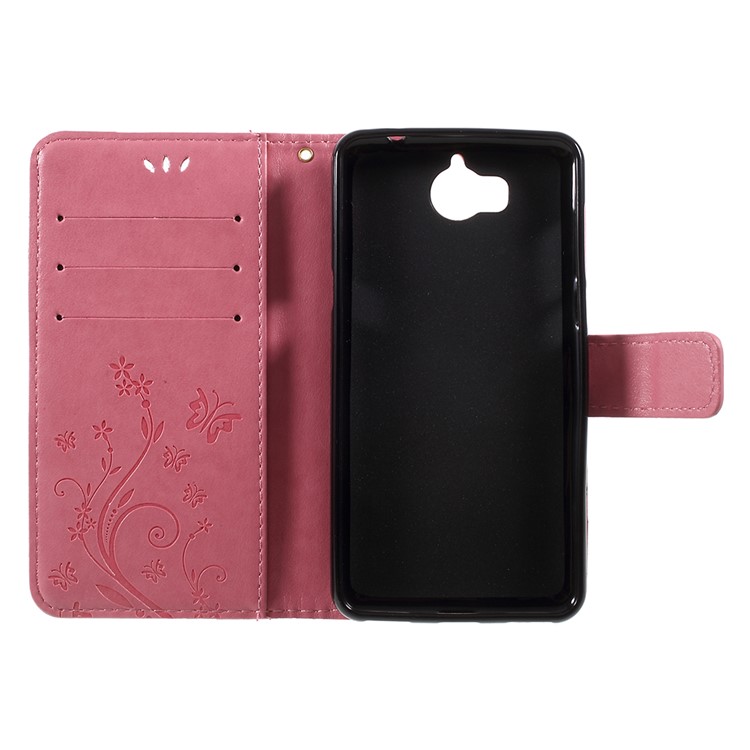 Imprint Butterfly Flower Leather Wallet Shell for Huawei Y5 (2017) / Y6 (2017) - Pink-6