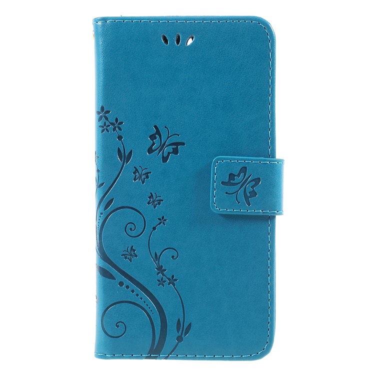 Imprint Butterfly Flower Leather Wallet Phone Case for Huawei Y5 (2017) / Y6 (2017) - Blue-1