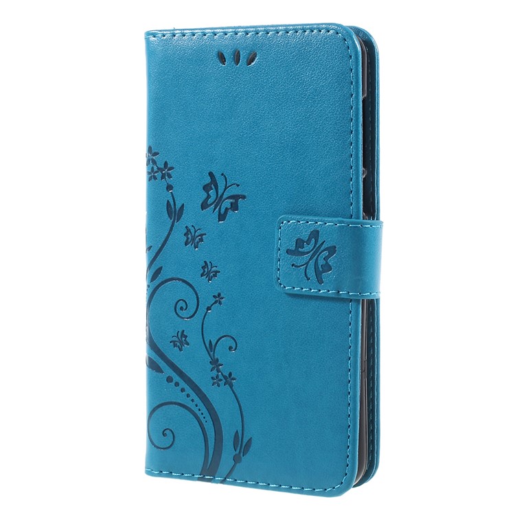 Imprint Butterfly Flower Leather Wallet Phone Case for Huawei Y5 (2017) / Y6 (2017) - Blue-2