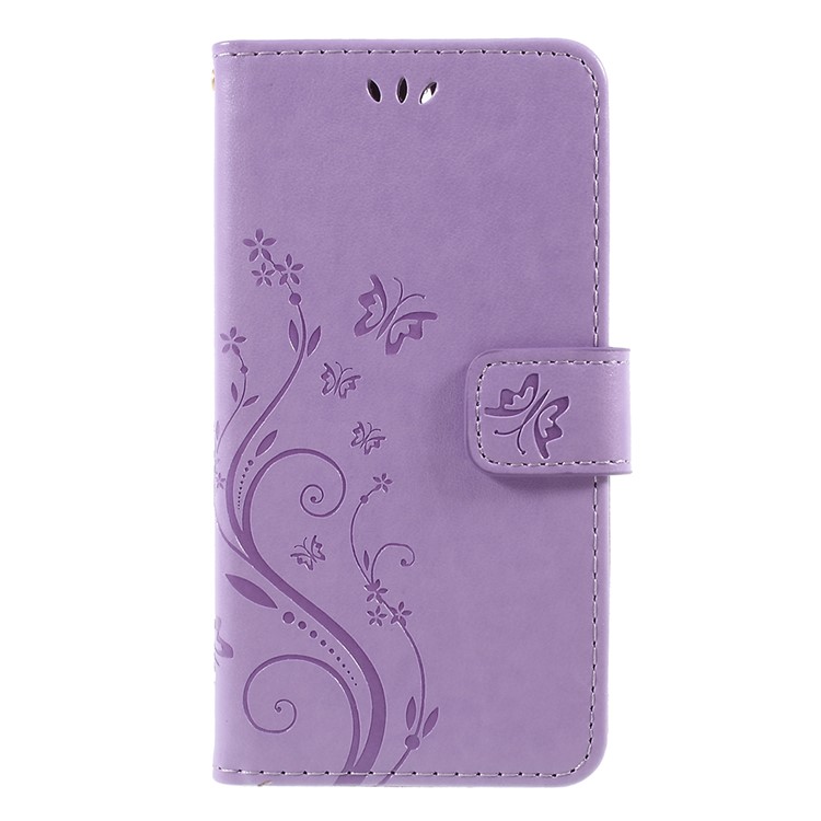 Imprint Butterfly Flower Leather Wallet Phone Cover for Huawei Y5 (2017) / Y6 (2017) - Light Purple-1