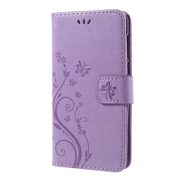 Imprint Butterfly Flower Leather Wallet Phone Cover for Huawei Y5 (2017) / Y6 (2017) - Light Purple-2