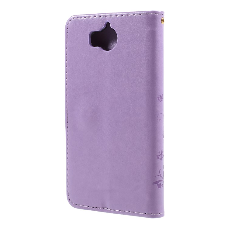 Imprint Butterfly Flower Leather Wallet Phone Cover for Huawei Y5 (2017) / Y6 (2017) - Light Purple-3