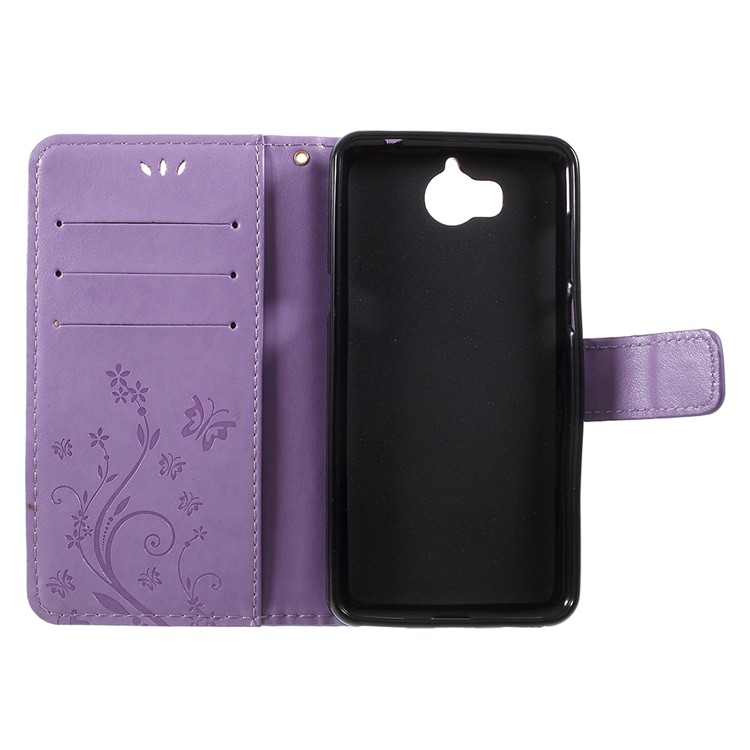 Imprint Butterfly Flower Leather Wallet Phone Cover for Huawei Y5 (2017) / Y6 (2017) - Light Purple-6