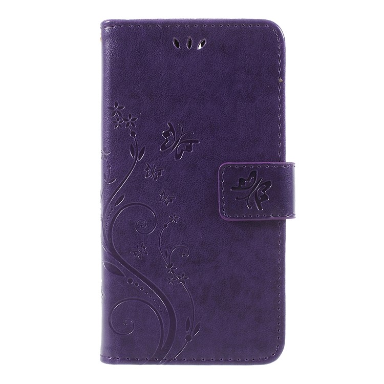 Imprint Butterfly Flower Leather Wallet Phone Shell for Huawei Y5 (2017) / Y6 (2017) - Dark Purple-1