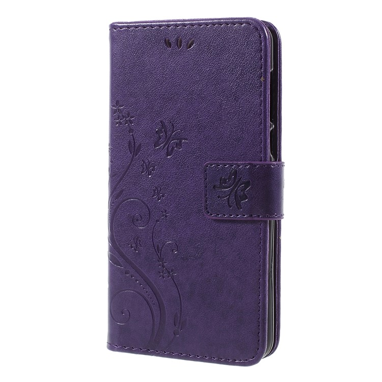 Imprint Butterfly Flower Leather Wallet Phone Shell for Huawei Y5 (2017) / Y6 (2017) - Dark Purple-2