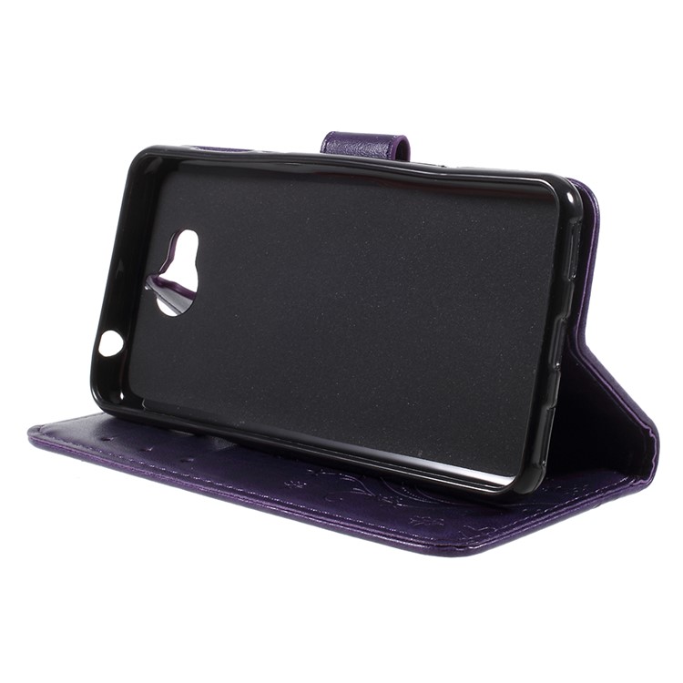 Imprint Butterfly Flower Leather Wallet Phone Shell for Huawei Y5 (2017) / Y6 (2017) - Dark Purple-4