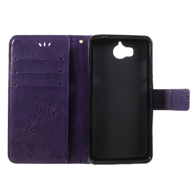 Imprint Butterfly Flower Leather Wallet Phone Shell for Huawei Y5 (2017) / Y6 (2017) - Dark Purple-6