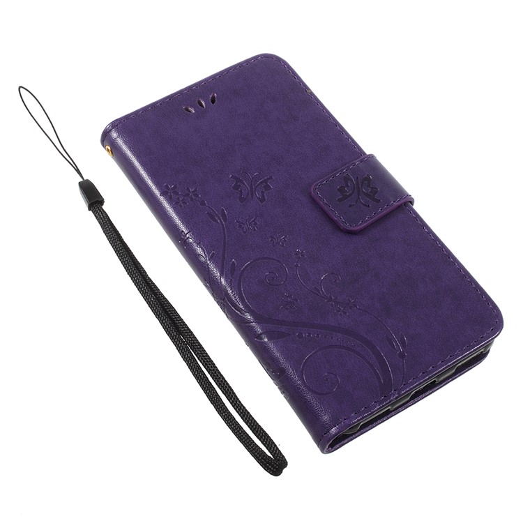 Imprint Butterfly Flower Leather Wallet Phone Shell for Huawei Y5 (2017) / Y6 (2017) - Dark Purple-7