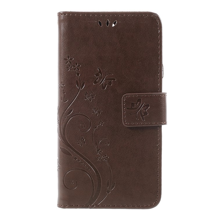 Impressão de borboleta Flower Leather Wallet Accessory Phone Case para Huawei Y5 (2017) / Y6 (2017) - Castanho-1