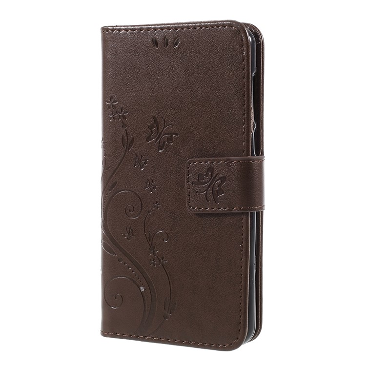 Impressão de borboleta Flower Leather Wallet Accessory Phone Case para Huawei Y5 (2017) / Y6 (2017) - Castanho-2