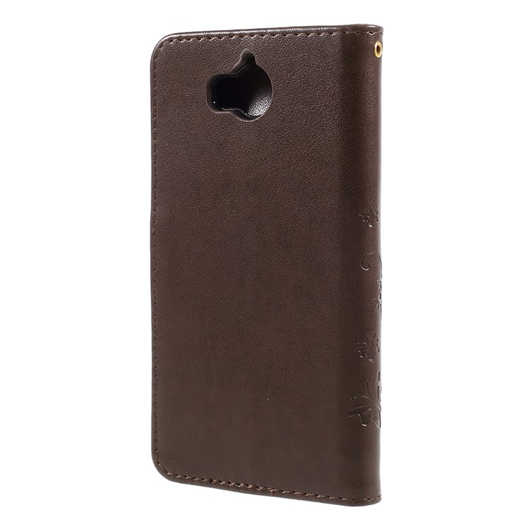 Impressão de borboleta Flower Leather Wallet Accessory Phone Case para Huawei Y5 (2017) / Y6 (2017) - Castanho-3