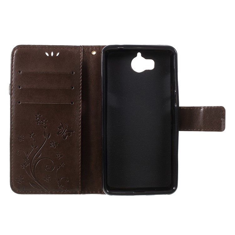Impressão de borboleta Flower Leather Wallet Accessory Phone Case para Huawei Y5 (2017) / Y6 (2017) - Castanho-6
