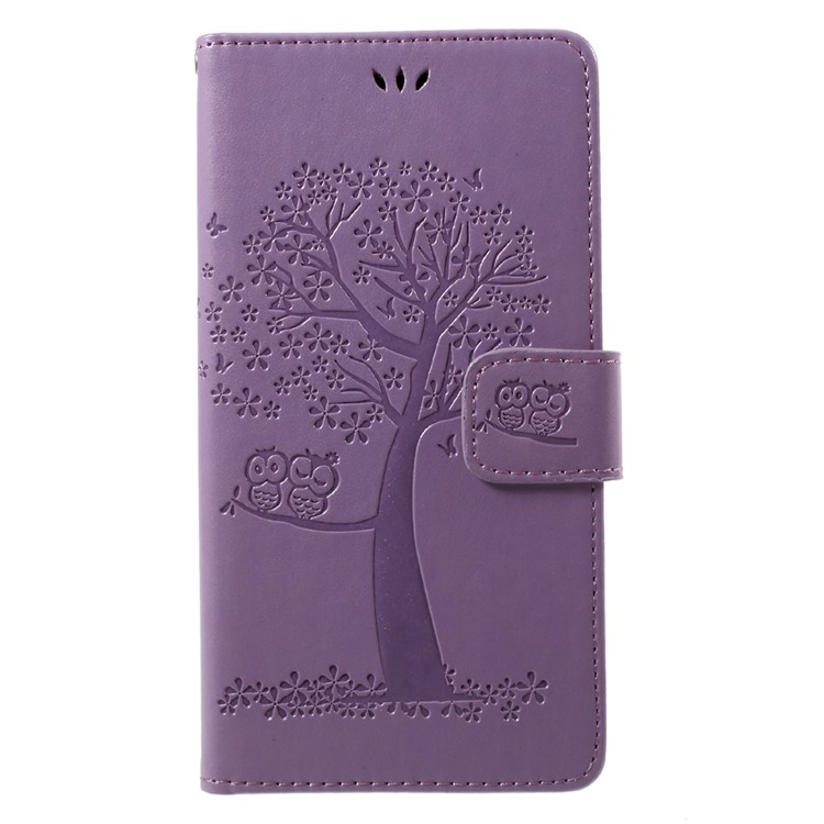 Imprint Tree Owl Card Holder Leather Shell with Stand for Huawei Y7 (2017) - Purple-1