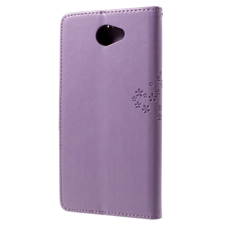 Imprint Tree Owl Card Holder Leather Shell with Stand for Huawei Y7 (2017) - Purple-2