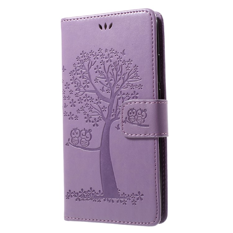 Imprint Tree Owl Card Holder Leather Shell with Stand for Huawei Y7 (2017) - Purple-3