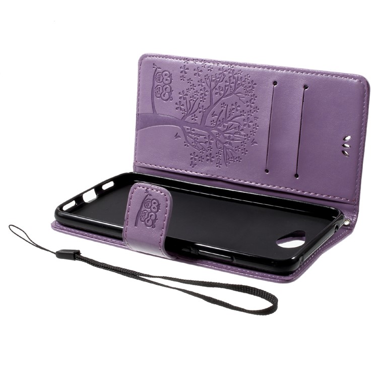 Imprint Tree Owl Card Holder Leather Shell with Stand for Huawei Y7 (2017) - Purple-5