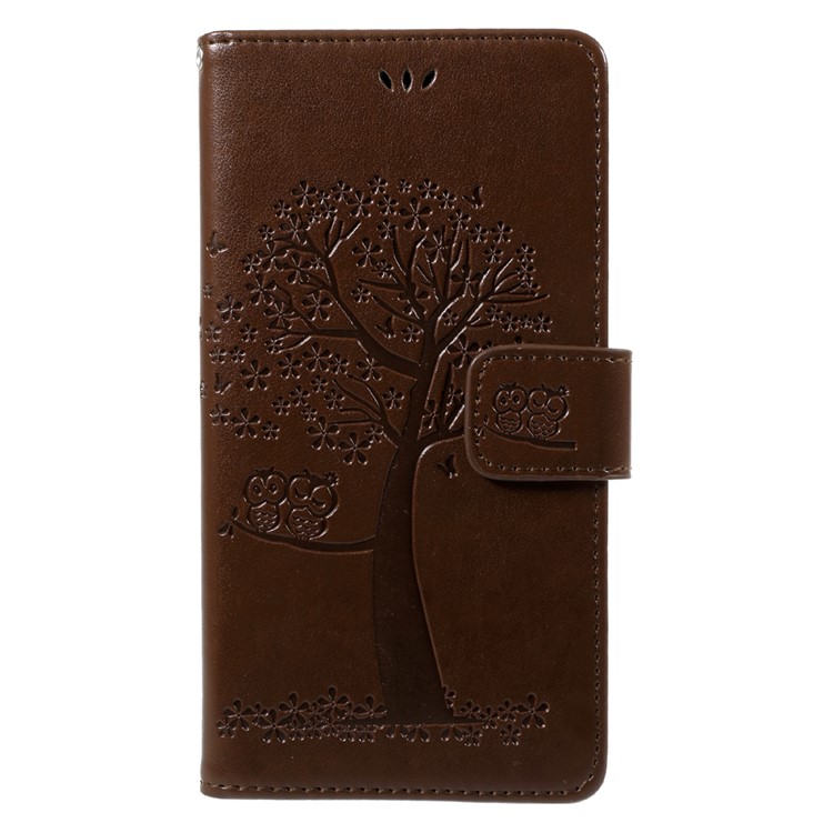 Imprint Tree Owl Stand Leather Wallet Mobile Phone Case Accessory for Huawei Y7 (2017) - Brown-1