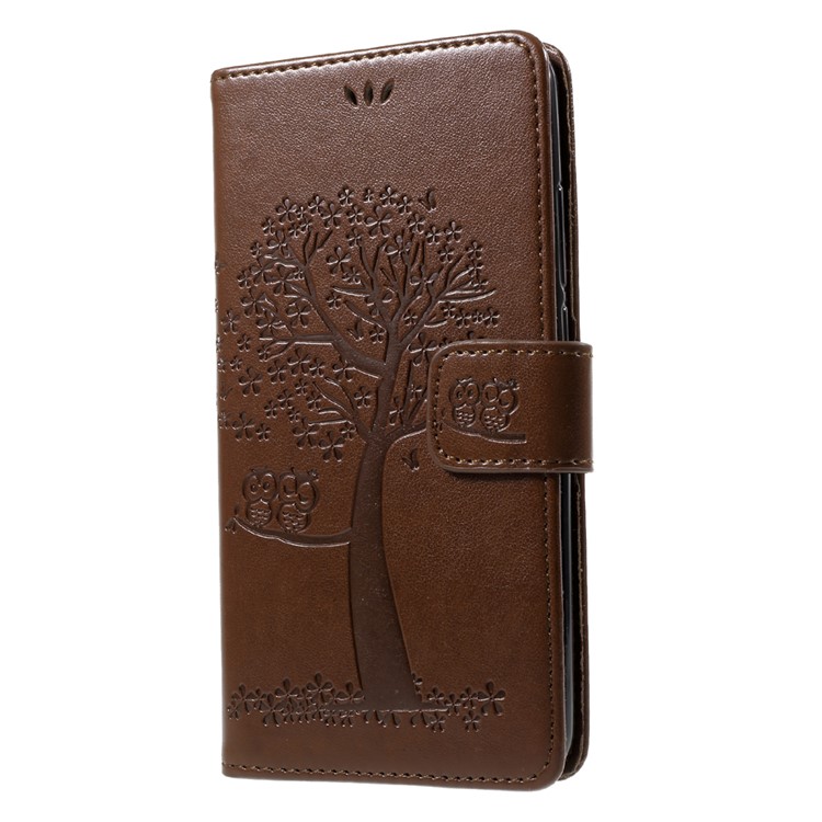 Imprint Tree Owl Stand Leather Wallet Mobile Phone Case Accessory for Huawei Y7 (2017) - Brown-3