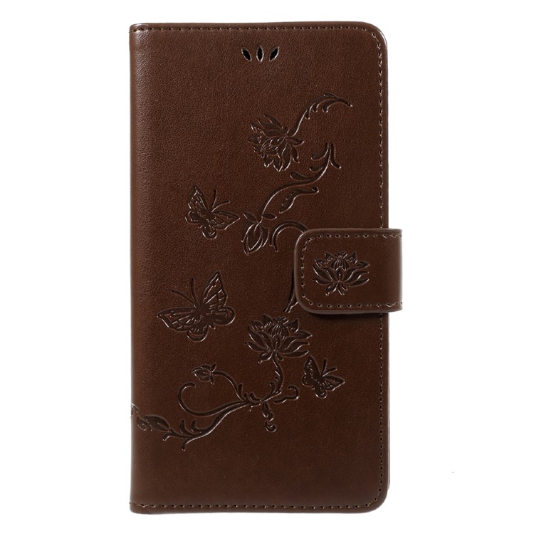 Imprint Butterfly Flower Stand Wallet Leather Cover Shell for Huawei Y7 (2017) - Brown-1