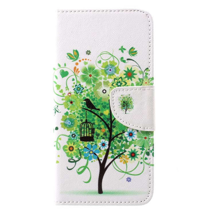 Patterned Stand Leather Phone Case for Huawei Y7 (2017) - Green Flower Tree-1