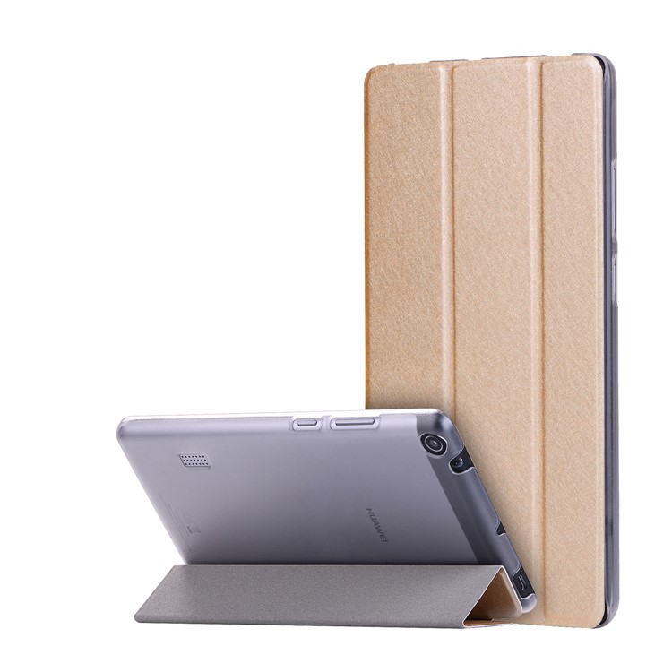 For Huawei MediaPad T3 7.0 Silk Texture Tri-fold Stand Leather Flip Casing - Gold-1