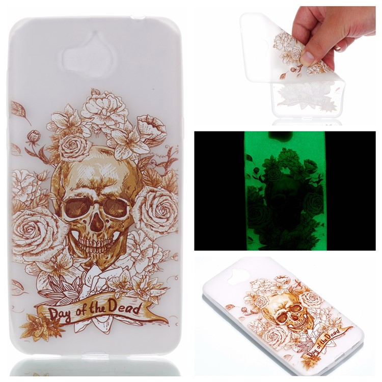 Luminous Patterned TPU Flexible Shell for Huawei Y5 (2017) / Y6 (2017) - Skull and Flowers-1