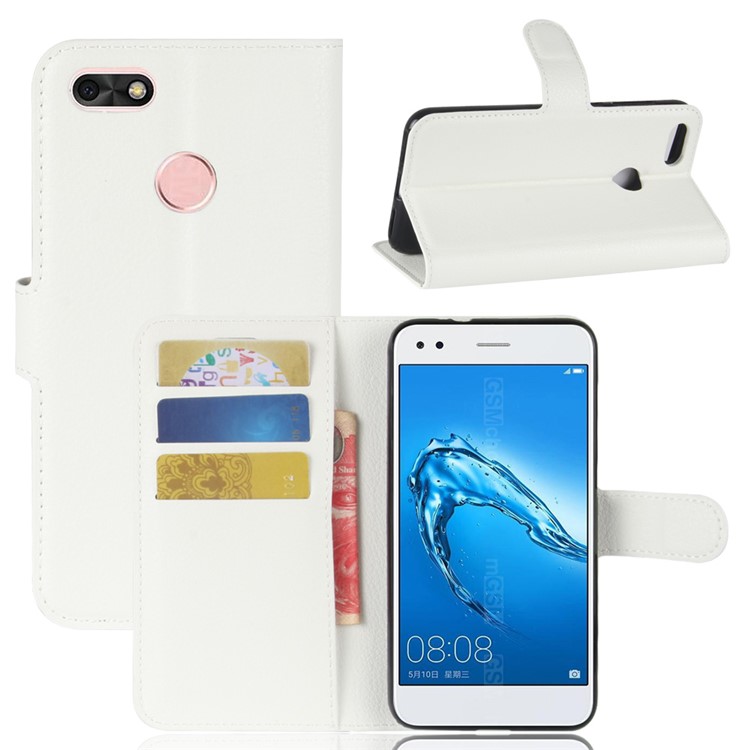 For Huawei P9 lite mini / Y6 Pro (2017) / Enjoy 7 Litchi Texture Leather Wallet Stand Phone Accessory Shell - White-1