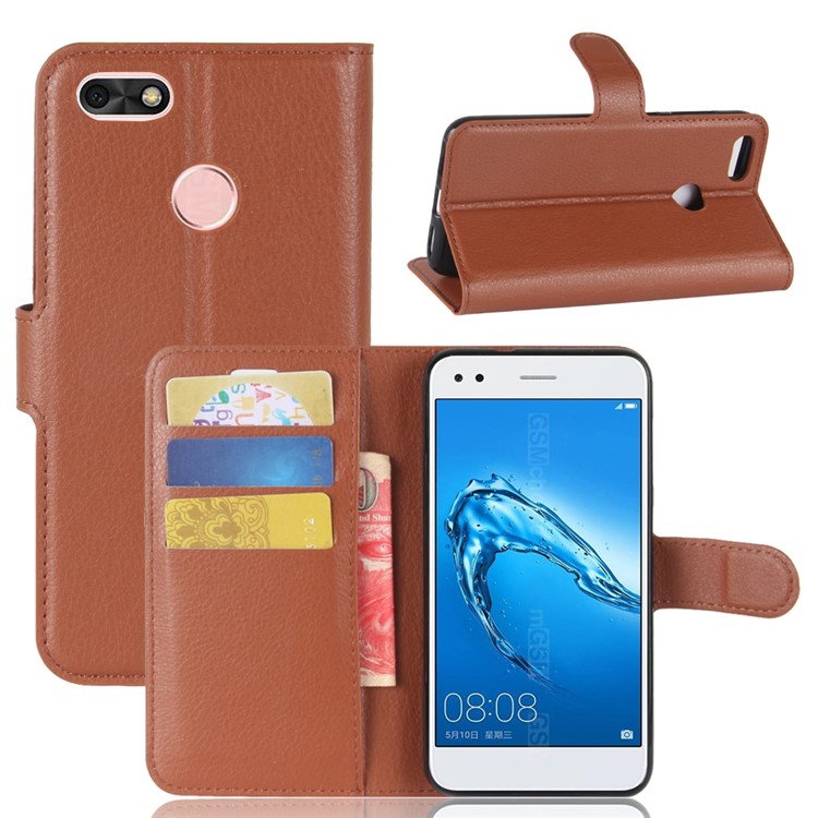 Litchi Texture Leather Wallet Stand Phone Accessory Case for Huawei P9 lite mini / Y6 Pro (2017) / Enjoy 7 - Brown-1