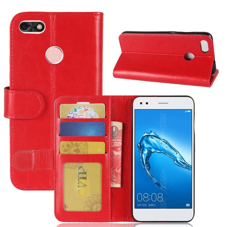 Crazy Horse Texture Leather Wallet Stand Mobile Phone Shell for Huawei P9 Lite Mini / Y6 Pro (2017) - Red-1