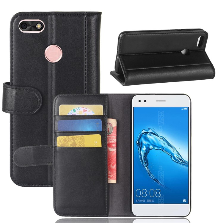 Genuine Leather Wallet Flip Stand Case for Huawei P9 lite mini / Y6 Pro (2017) / Enjoy 7 - Black-1