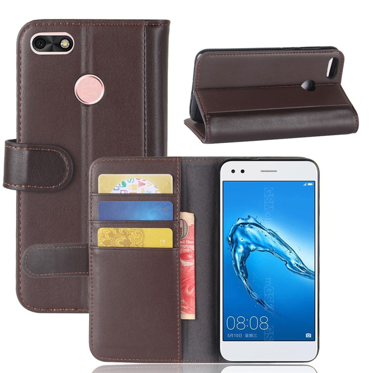 Genuine Leather Wallet Flip Stand Cover for Huawei P9 lite mini / Y6 Pro (2017) / Enjoy 7 - Brown-1