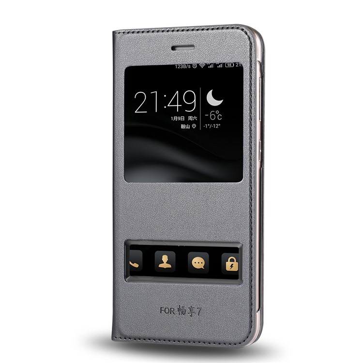Dual View Windows Leather Protective Casing for Huawei P9 lite mini / Enjoy 7 / Y6 Pro (2017) - Grey-1