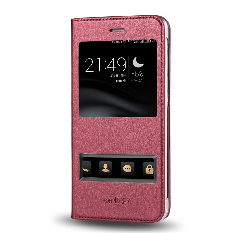 Dual View Windows Leather Protective Casing Shell for Huawei P9 lite mini / Enjoy 7 / Y6 Pro (2017) - Red-1