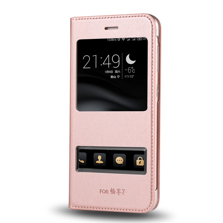 Dual View Windows Leather Protective Phone Cover for Huawei P9 lite mini / Enjoy 7 / Y6 Pro (2017) - Rose Gold-1