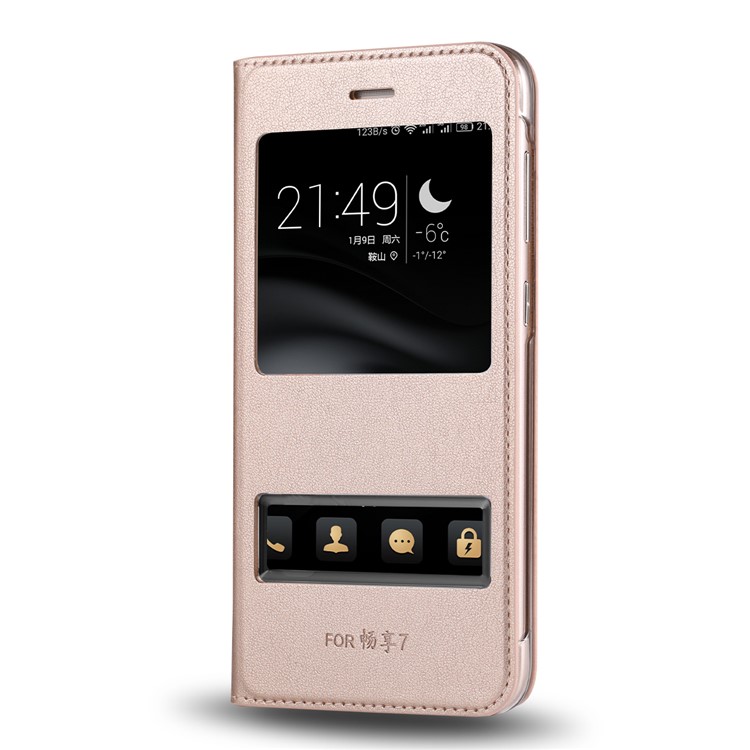 Dual View Windows Leather Protective Phone Case for Huawei P9 lite mini / Enjoy 7 / Y6 Pro (2017) - Gold-1