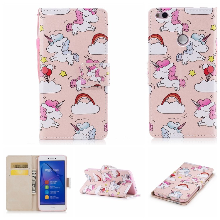 Patterned PU Leather Wallet Stand Protective Cell Phone Shell for Huawei P8 Lite (2017) / Honor 8 Lite - Cute Unicorns-1