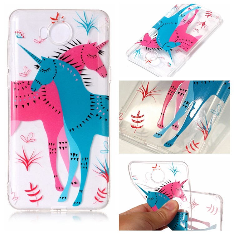 Pattern Printing Embossed TPU Phone Cover Case for Huawei Y5 (2017) / Y6 (2017) - Rose and Blue Unicorn-1
